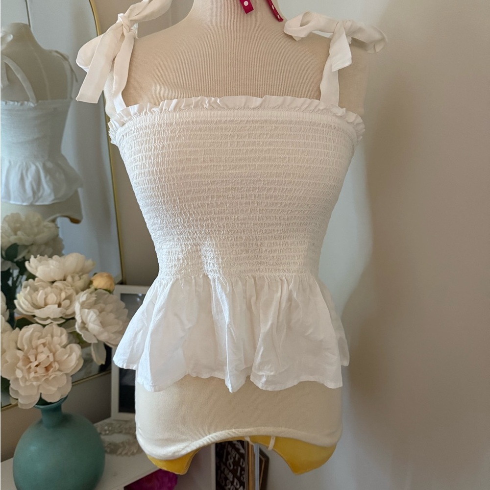 J. Crew White Smocked Peplum Tank Top
